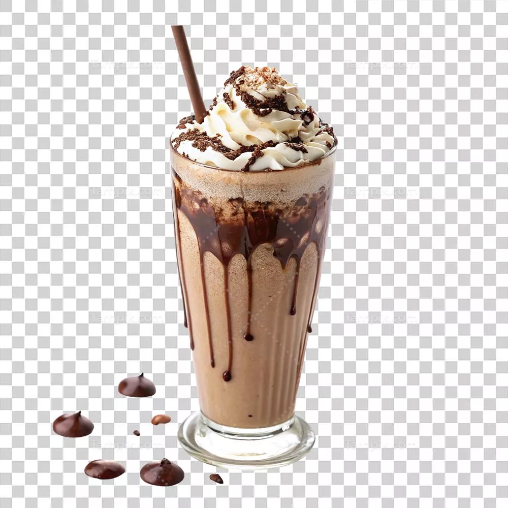 شکلاتی میShake با خامه زده شده و ریختن شکلاتی در لیوان بلند