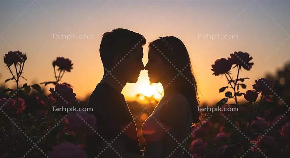 تصویر سیاهنما از یک زوج عاشق در حال رویارویی در غروب در میان گلهای شکفته