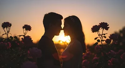 تصویر سیاهنما از یک زوج عاشق در حال رویارویی در غروب در میان گلهای شکفته