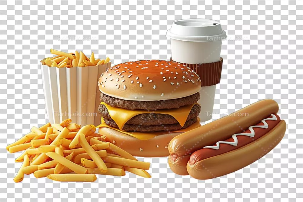 همبرگر و سیب زمینی سرخ کرده و هات داگ - یک وعده غذای سریع و خوشمزه