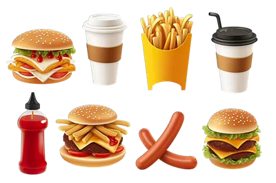 مجموعهای از همبرگرها، سیبزمینی سرخکرده، هاتداگ و کچاپ