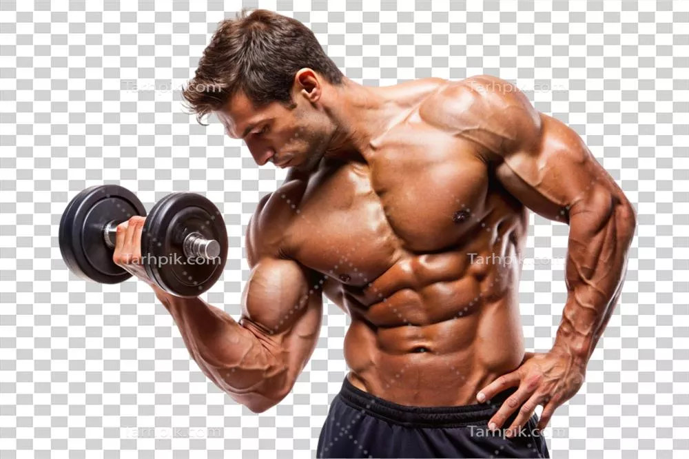 مرد عضلانی در حال انجام حرکات کُرل بایسپس با دمبل برای تقویت بازوها
