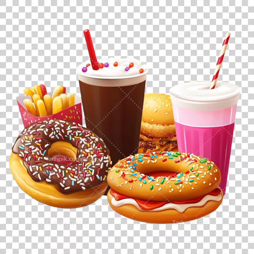 ست وسوسهانگیز فستفود با برگر، سیبزمینی سرخکرده، دسر و نوشیدنی صورتی