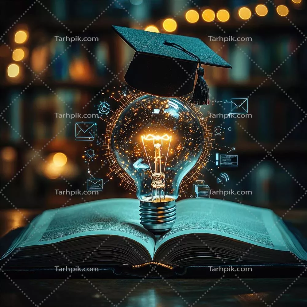 نوآوری و آموزش: کلاهی بر روی لامپ با نمادهای فناوری بر روی کتاب باز