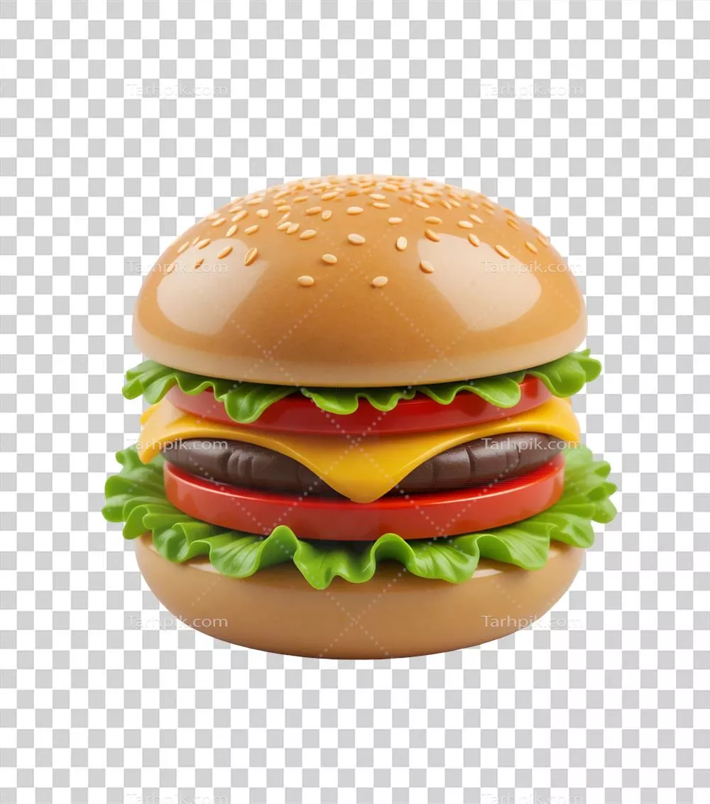 همبرگر سه‌بعدی با سطح درخشان شامل کاهو، گوجه‌فرنگی و پنیر