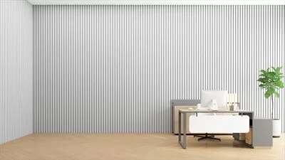 طراحی مینیمالیستی اتاق خالی با میز چوبی و دیوار خاکستری - شبیهسازی سهبعدی