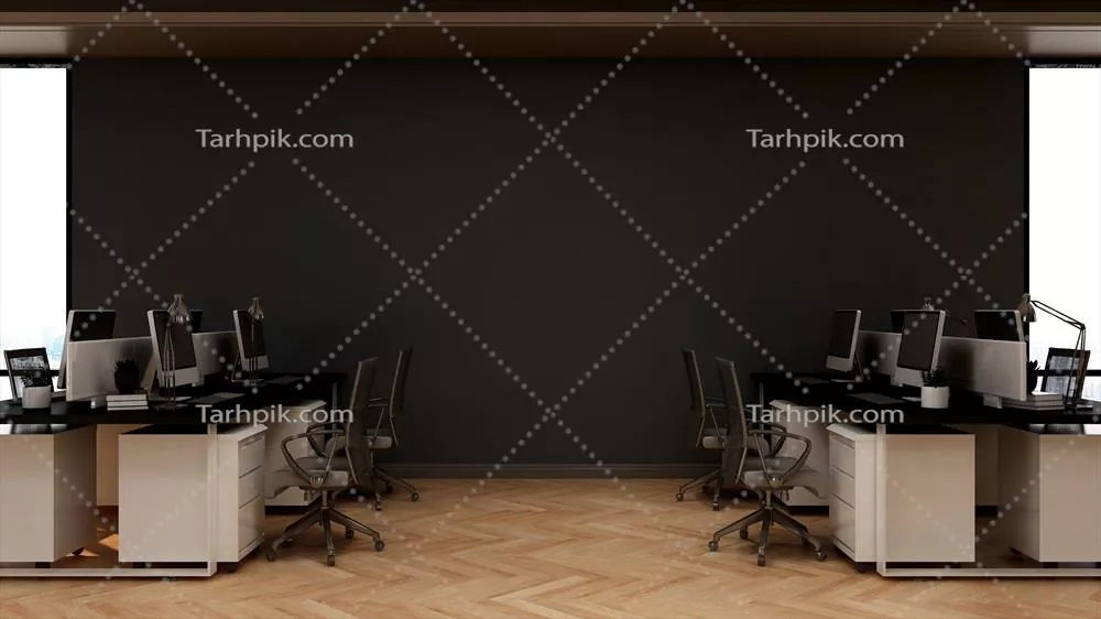 طراحی داخلی فضای کار مدرن و مینیمالیستی تاریک به صورت سه بعدی در محیط باز