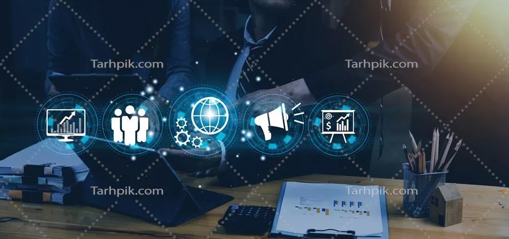 دستها نشانه و نماد بازاریابی دیجیتال، تبلیغات اینترنتی و افزایش فروش در فناوری کسب و کار