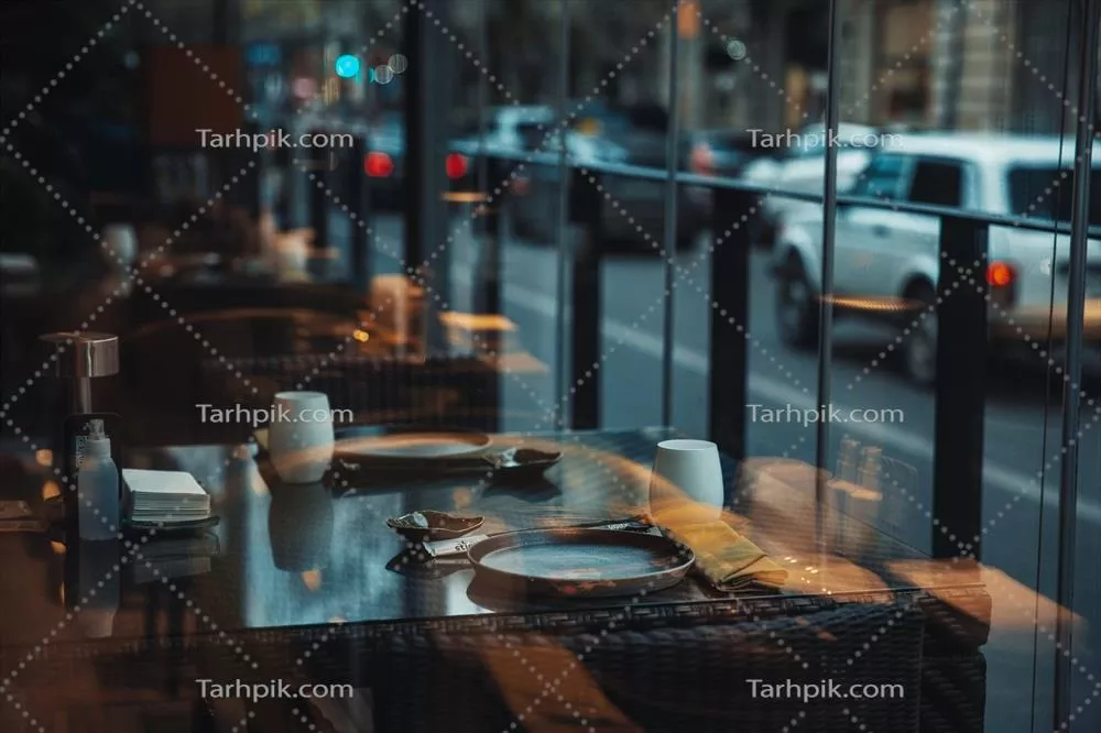 میز نزدیک به پنجره در رستوران با نمایی به جاده