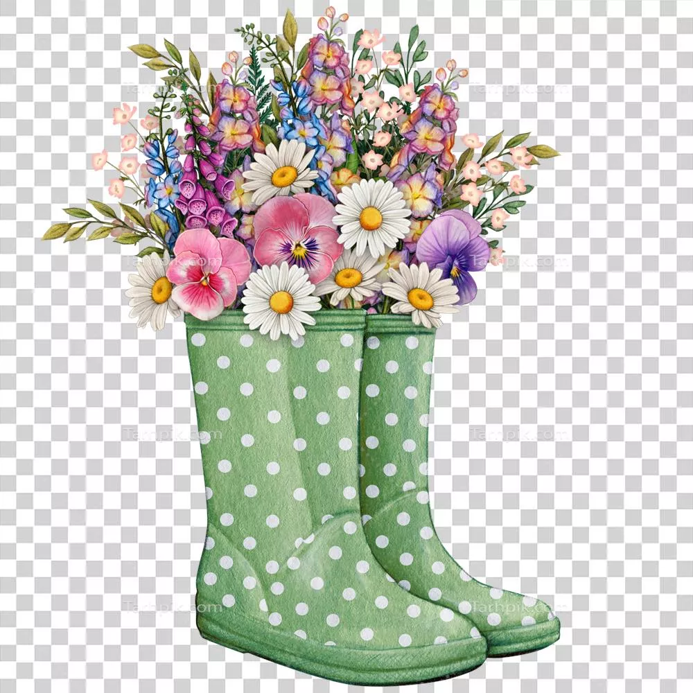 چکمه‌های لاستیکی آب‌رنگی با دسته گل گل‌های زیبا و رنگارنگ