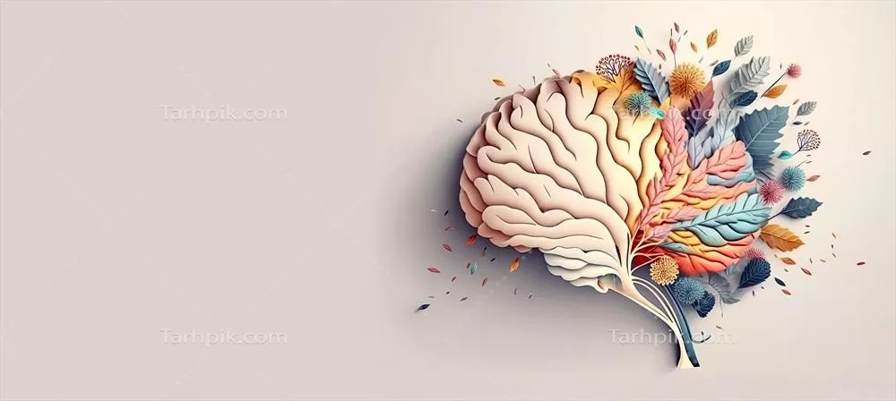 تصویر مفهومی بنر برای سلامت روان با طراحی مغز انسان از گلها با استفاده از هوش مصنوعی
