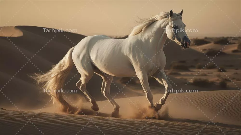 تصویری زیبا از اسب سفید در بیابان با استفاده از هوش مصنوعی