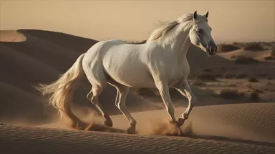 تصویری زیبا از اسب سفید در بیابان با استفاده از هوش مصنوعی