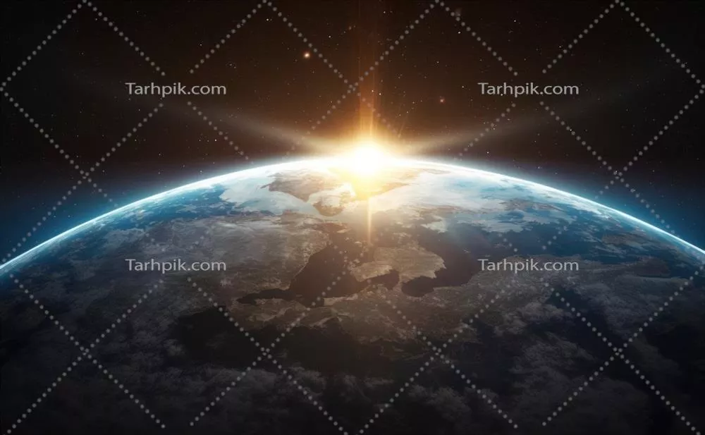 شبانه زمین در فضا با شعلۀ خورشید و مناظر زیبای کائنات