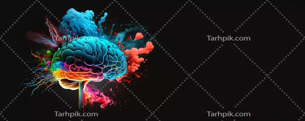 مغز مجازی با انفجاری درخشان در پس زمینه سیاه برای مفهوم طوفان فکری و فضای خالی برای متن