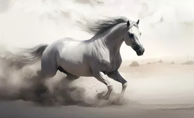 تصویری از اسب سفید در حال دویدن در بیابان با استفاده از هوش مصنوعی