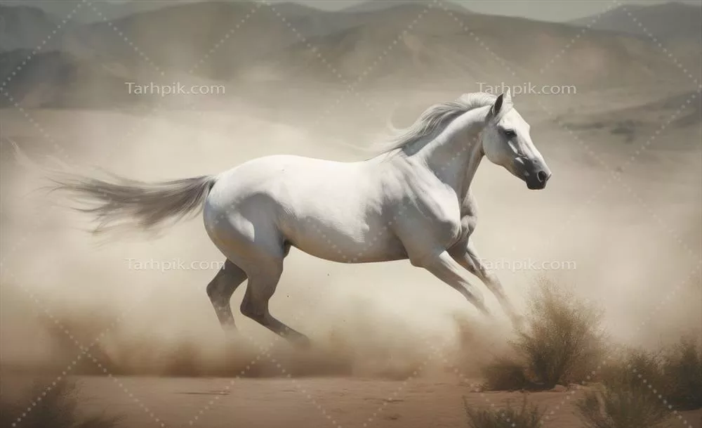 تصویر اسب سفید در حال دویدن در بیابان – هنر تولید شده با هوش مصنوعی