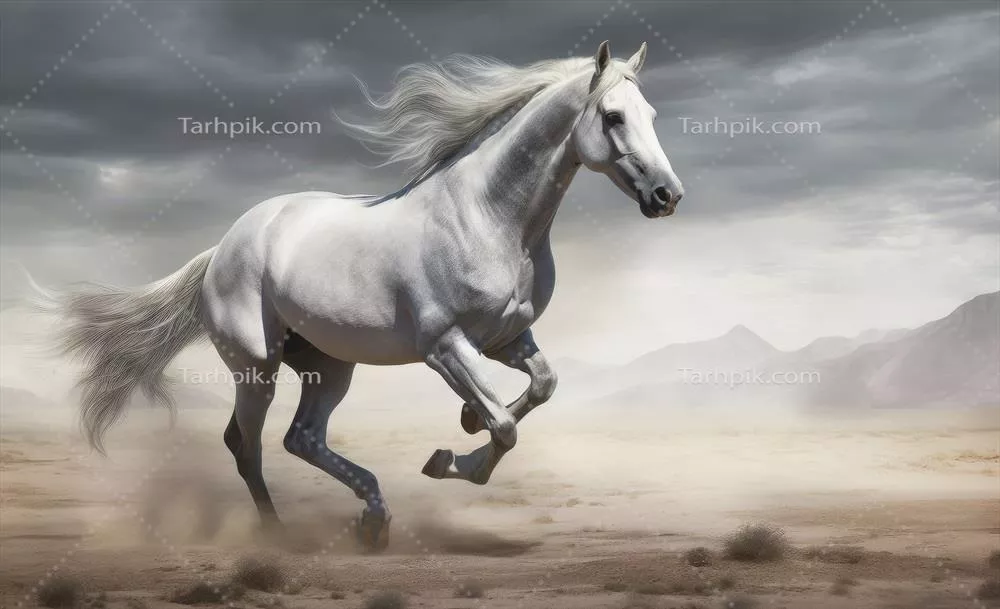 تصویری از اسب سفید در حال تاختن در بیابان با استفاده از هوش مصنوعی