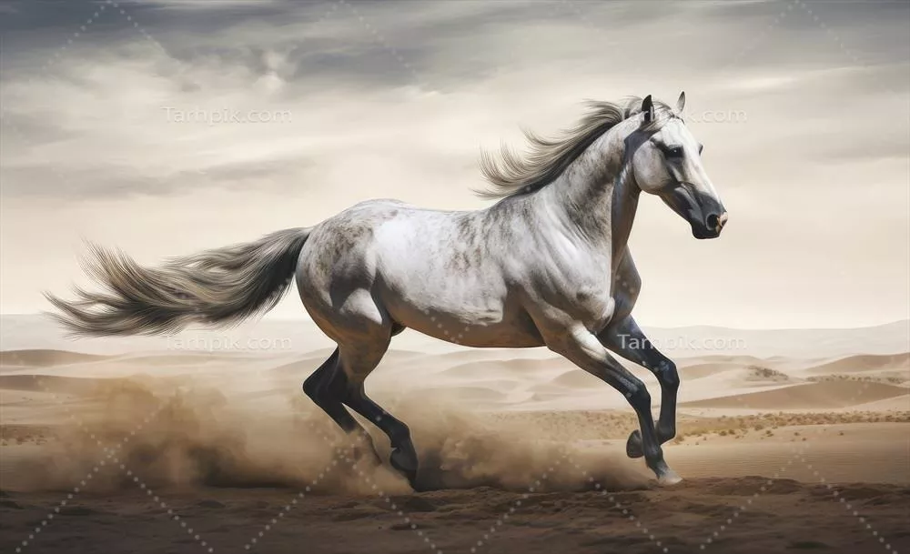 تصویر سازی از اسب سفیدی که در بیابان می‌تازد - هنر تولیدی هوش مصنوعی