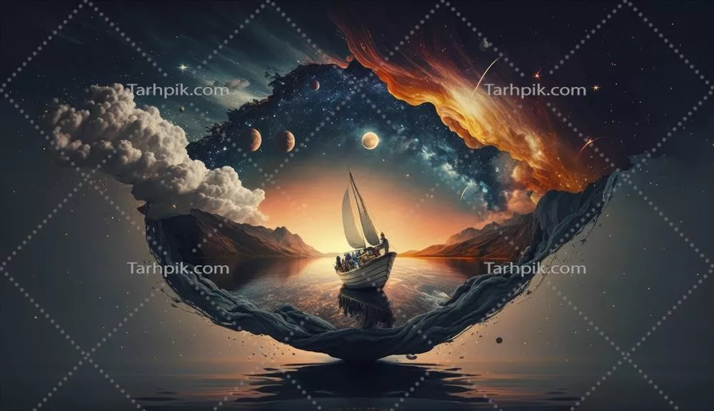تصویرسازی دیجیتال: مردی در قایق در فضا با ستارهها و ابرها در شب و غروب آفتاب
