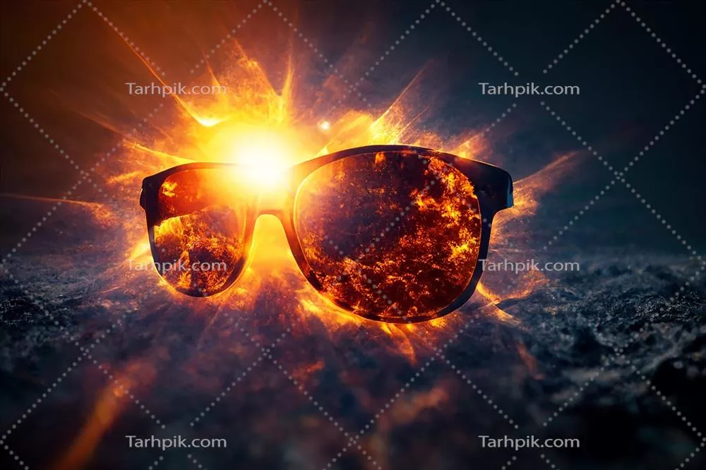 عینک آفتابی در پس‌زمینه خورشید و کسوف با استفاده از هوش مصنوعی تولید شده