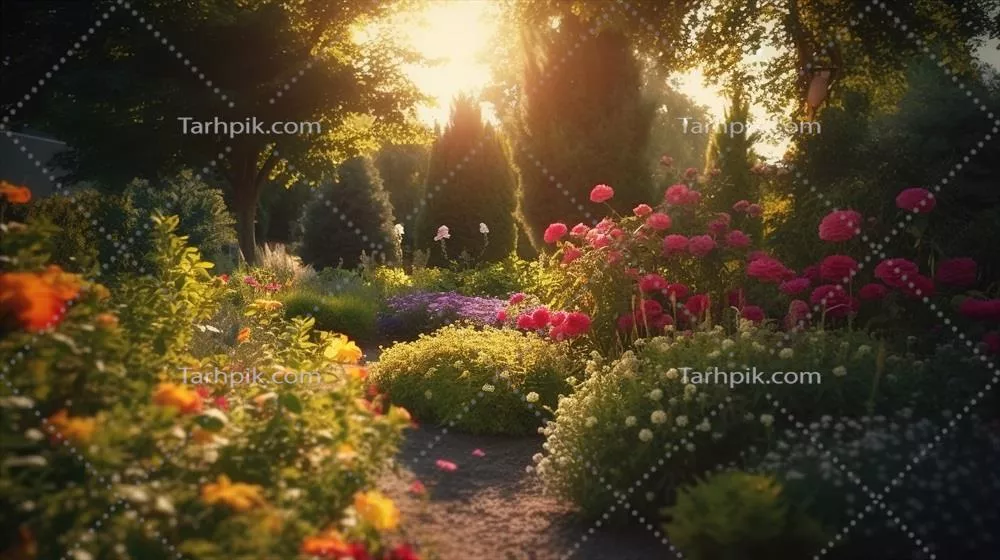 تولید هوش مصنوعی: باغ خصوصی تابستانی زیبا با گل ها و گیاهان در منظره طبیعی انگلیسی