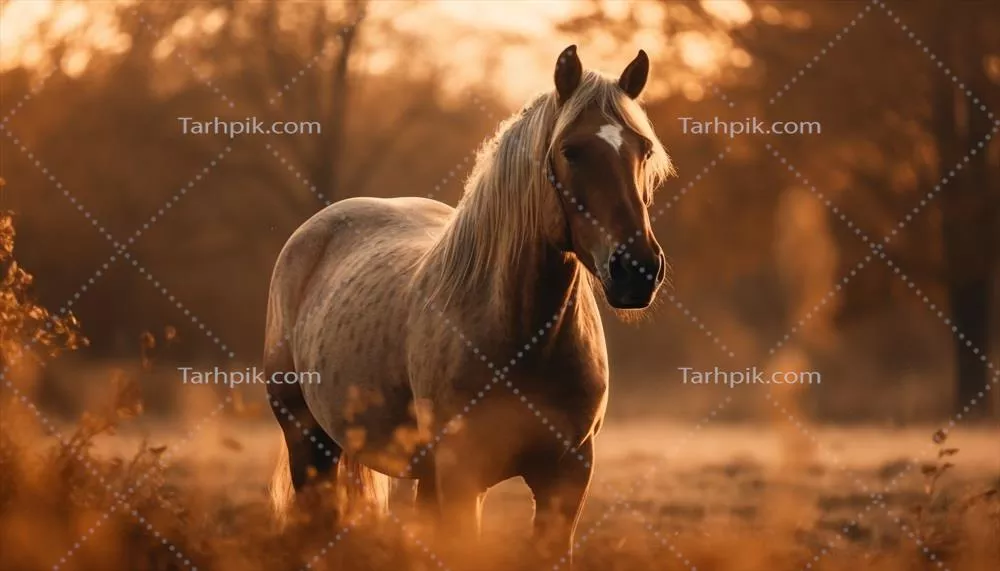 گشت و گذار اسب باشکوه در مرتع آرام در غروب هنگام غروب