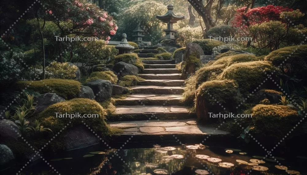 تصویر آرامش‌بخش از باغ رسمی ژاپنی با برگ‌های پاییزی و فانوس