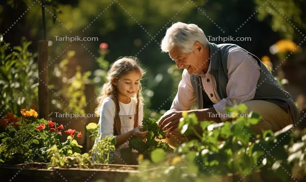 پدربزرگ با نوههایش در باغ خانگی - تصاویری با کیفیت بالای هوش مصنوعی