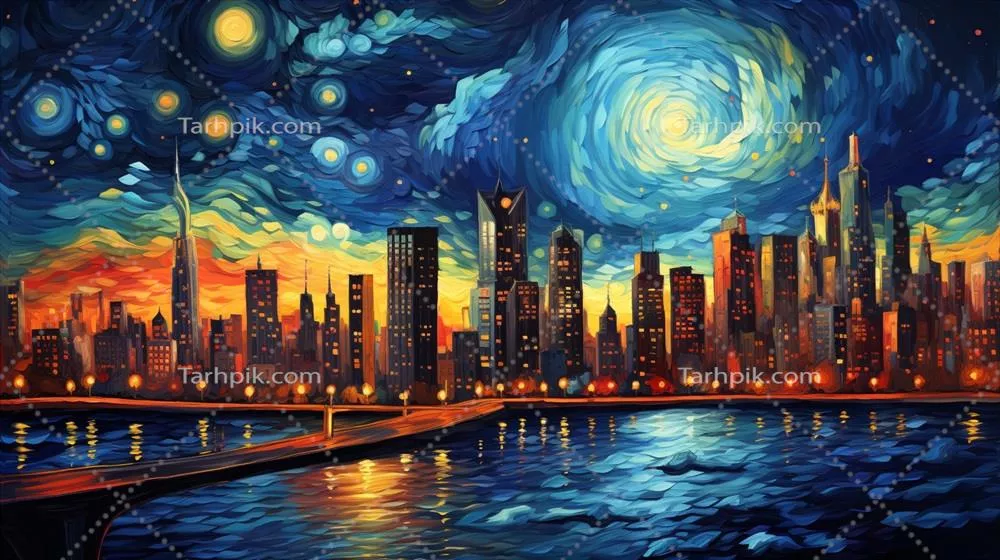 تصویری هنری از نمای شهر در شب با نورپردازی زیبا و جذاب