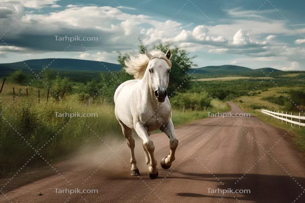 اسب سفید در حال دویدن در کنار جاده‌ای در تابستان با تکنولوژی هوش مصنوعی ایجاد شده است