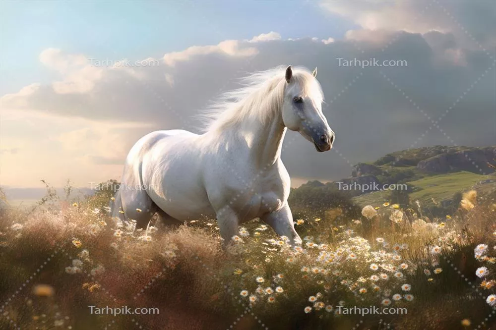 اسب سفیدی که در چمنزار تابستانی در زمان غروب ایستاده است با استفاده از فناوری هوش مصنوعی تولید شده
