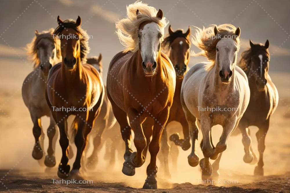 گروهی از اسب‌ها در حال دویدن و گالاپ در بیابان با استفاده از هوش مصنوعی