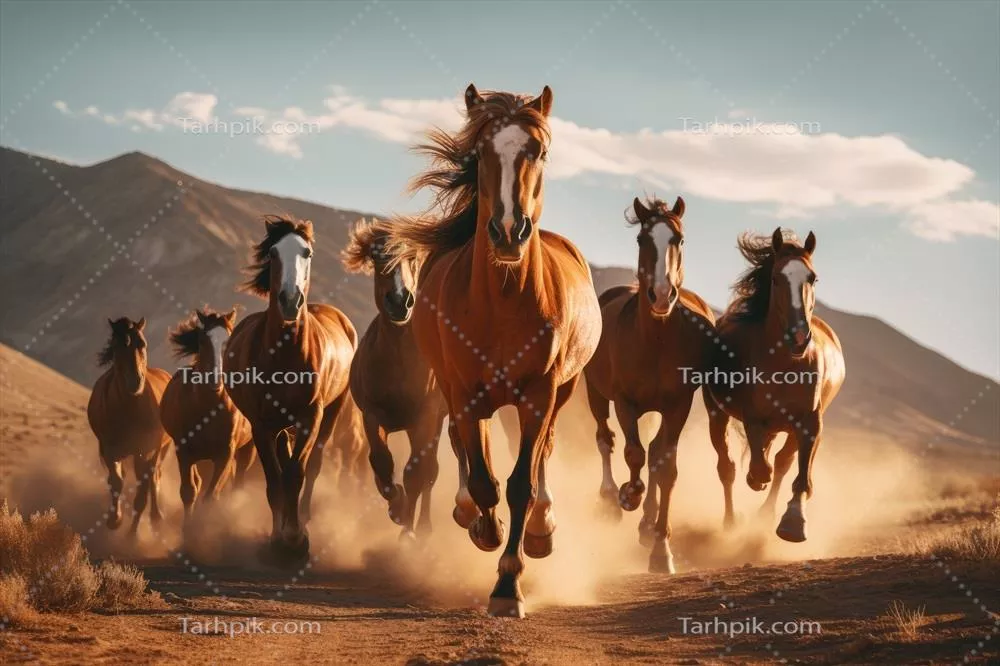 گروه اسب‌ها در حال دویدن و تیز رفتن در بیابان با استفاده از هوش مصنوعی