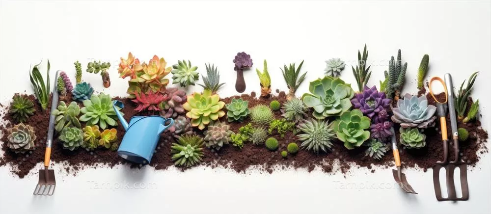 ابزارهای باغبانی و نگهداری از نونههای ساکولنت بر روی پسزمینه سفید - مفهوم باغ بهاری و سرگرمی خانوادگی