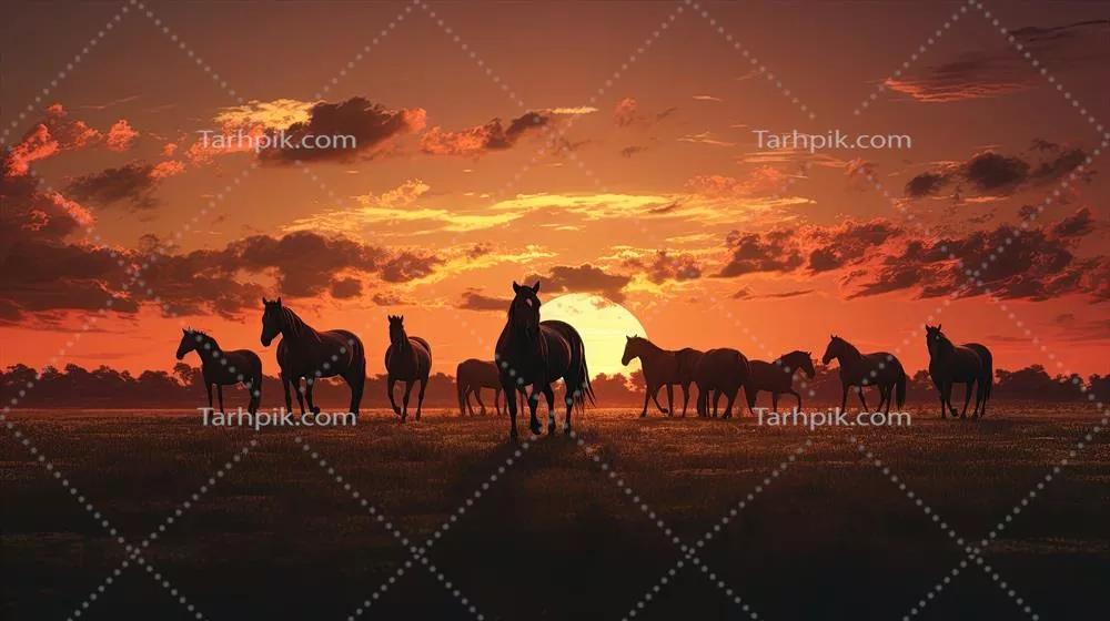 گروهی از اسب‌ها در حال چریدن در یک دشت در غروب، سیلوئت مفهومی