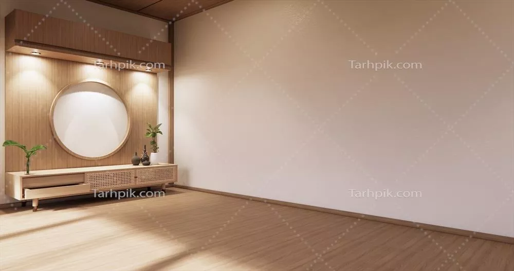 نمونه تصویری از کمد چوبی در اتاق مدرن خالی با دیوار و کف سفید به سبک ژاپنی