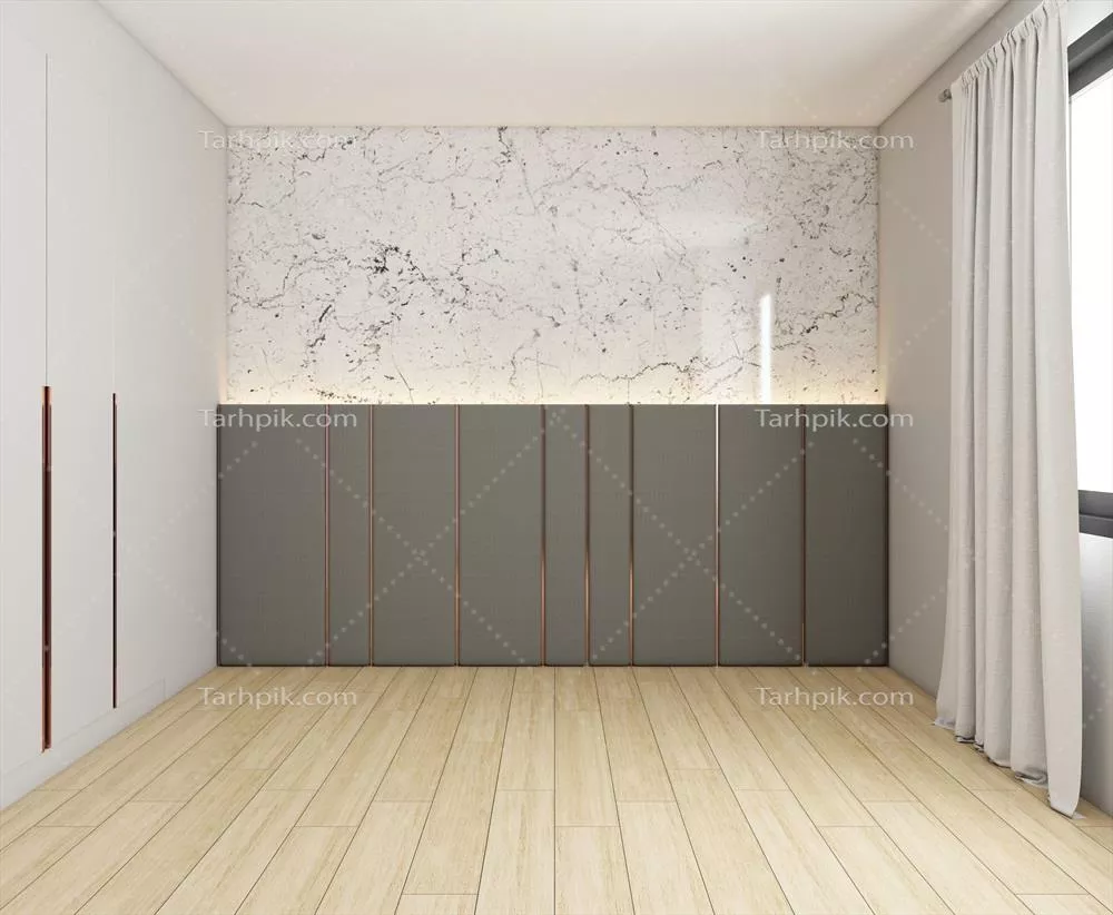 اتاق لوکس خالی با دیوارهای دارای الگوی مرمر، کمد خاکستری و پردههای سفید