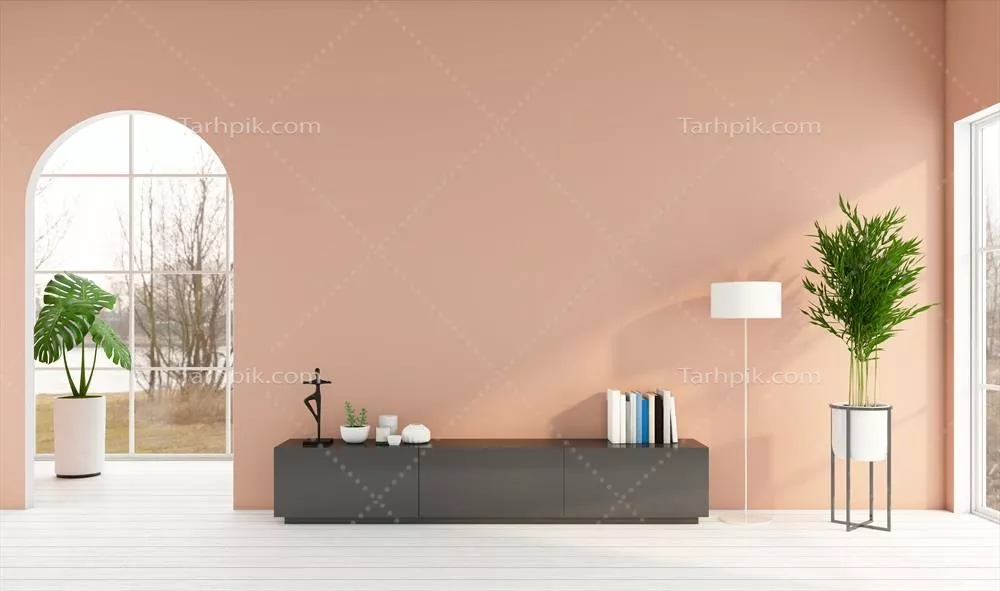 اتاق نشیمن مینیمالیستی با کابینت تلویزیون و دیوارهایی به رنگ نارنجی روشن