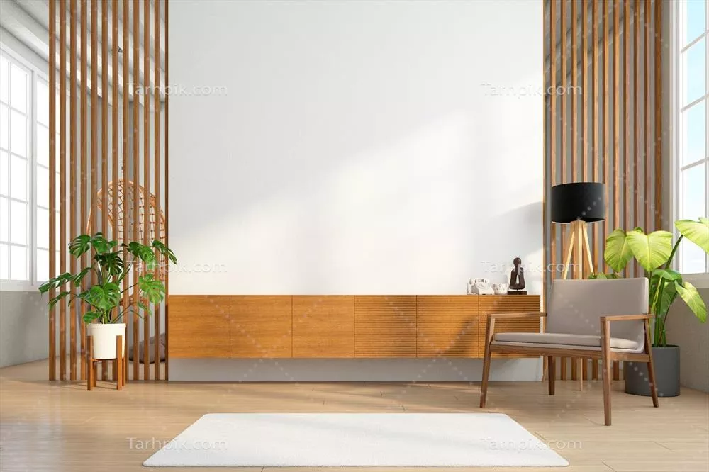 کابینت چوبی تلویزیون روی دیوار چوبی اسلتی در طراحی مینیمالیستی - رندر سهبعدی