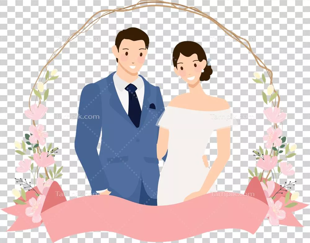 زوج جوان و با محبت در لباس آبی با تاج شکوفه‌های گیلاس به سبک تخت