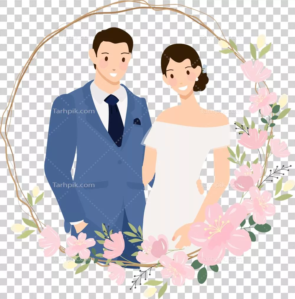 زوج جوان و زیبای عروسی با کت آبی درون تاج شکوفههای گیلاس