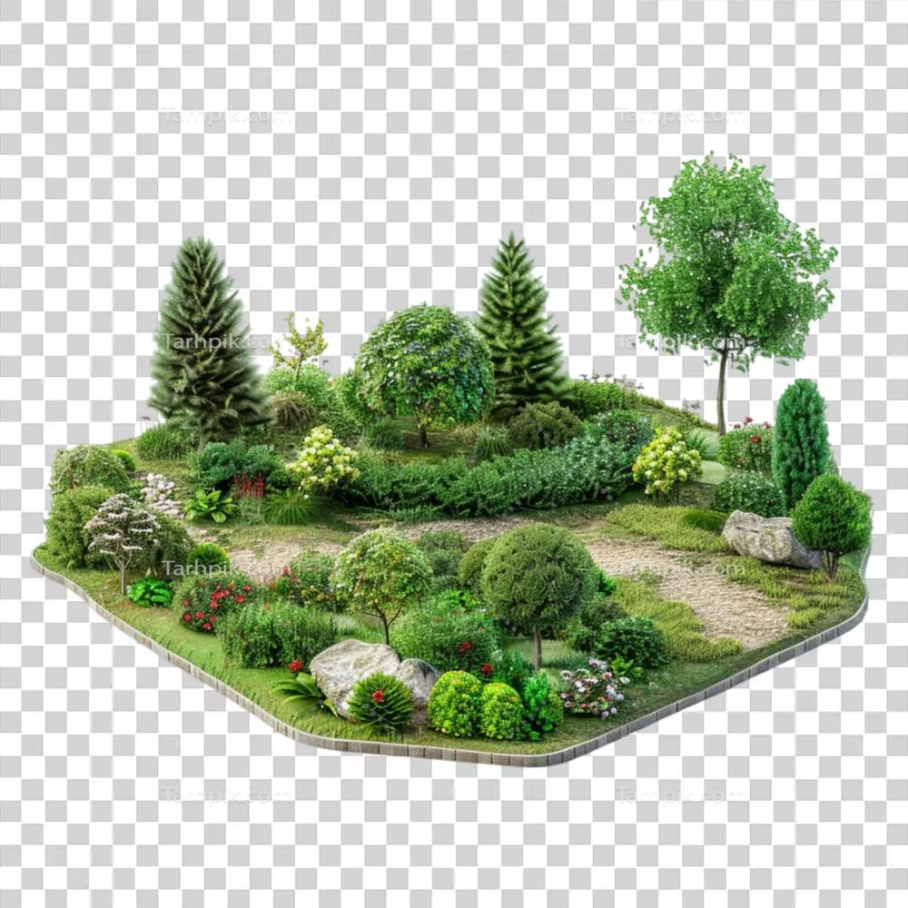 مدل سه بعدی از باغی با درختان و سنگ‌ها در فضای طبیعی و زیبا