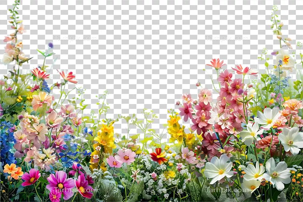 نمایش فوق العاده گل های وحشی رنگارنگ بر روی پس زمینه شفاف