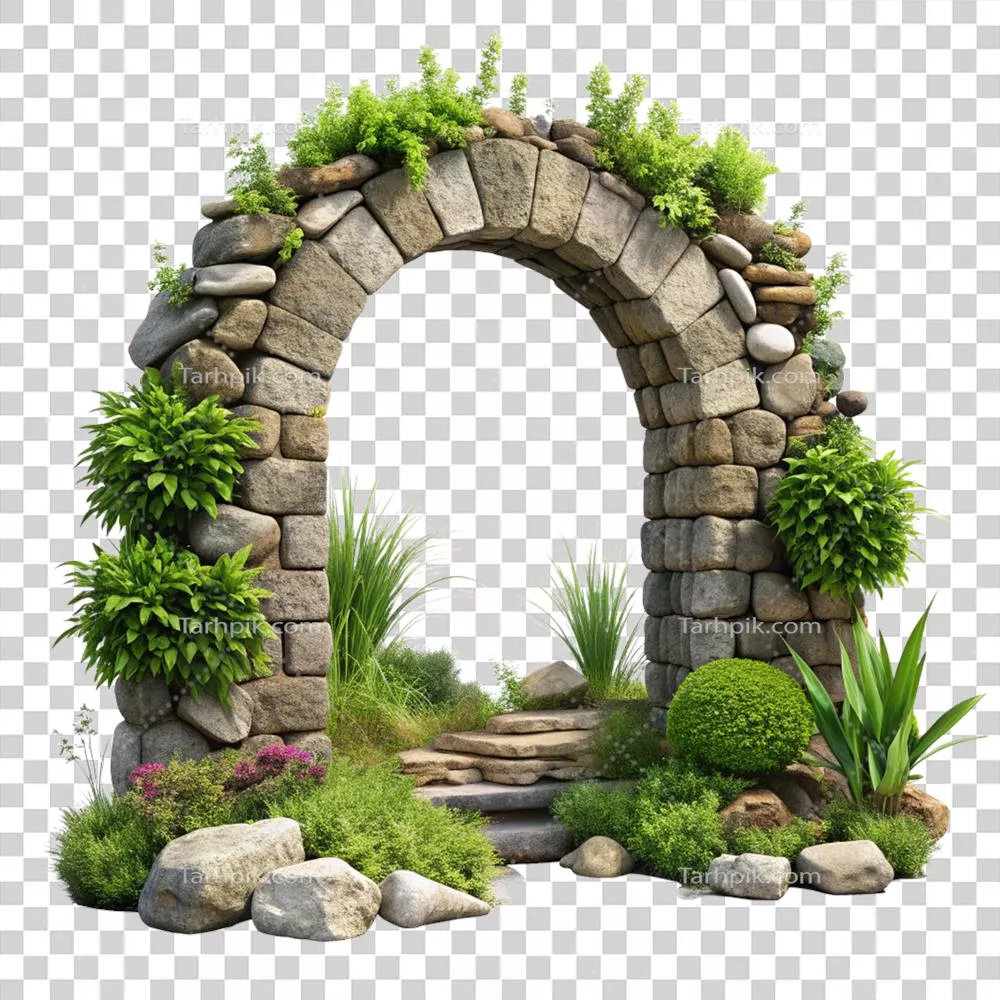 باغ سرسبز زیر قوس سنگی با زیباییهای طبیعی خیرهکننده
