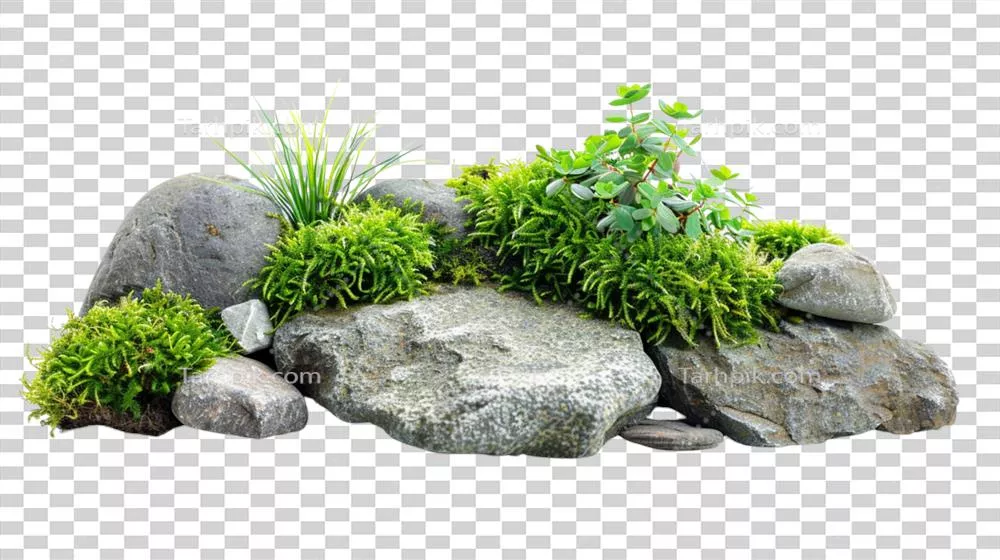 طرح زیبا با سنگ‌های زینتی و چمن بر روی پس‌زمینه‌ای شفاف