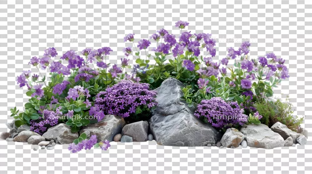 باغ سنگی با گل های بنفش بر روی پس زمینه شفاف