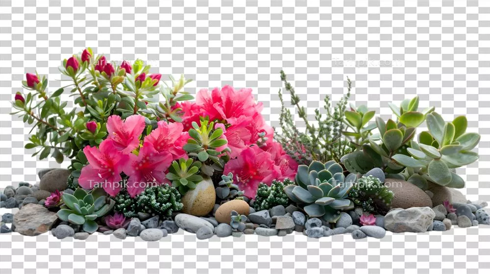 باغ ساکولنت با گلها و پسزمینه شفاف در طراحی مدرن