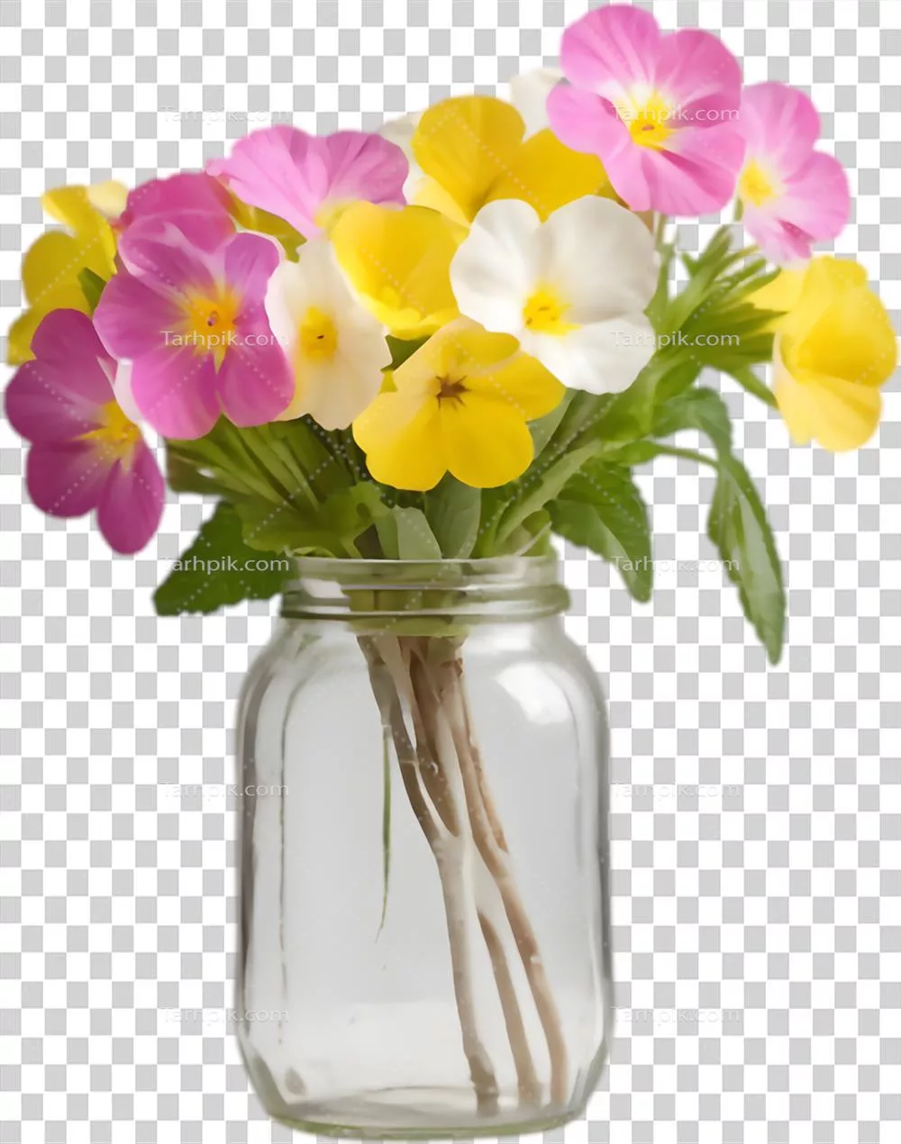 باغچه کلبه ای با گل های پرایمروزی در گلدان شیشه ای عتیقه