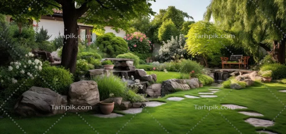 صحنه‌ای کوچک از باغ با چمن، درختان و پله‌ها در طبیعت زیبا